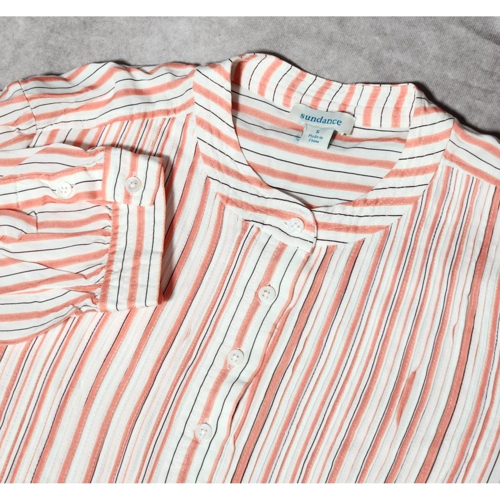 Sundance Womens Small Orange Striped Pintuck Rayon Tunic Blouse Band Collar Boho